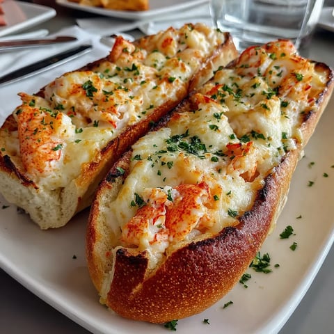 Two lobster sandwiches on a plate.