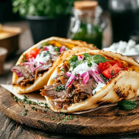 Two meat pita sandwiches with tomatoes and onions.