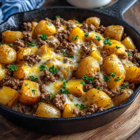 A skillet with a delicious meal of meat and potatoes.
