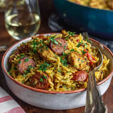 A bowl of rice with sausage and peppers.