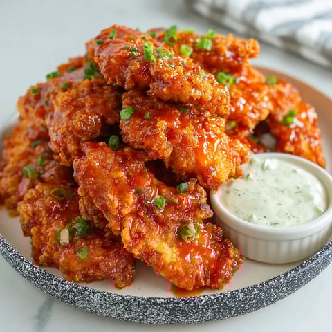 A plate of fried chicken with a dipping sauce.