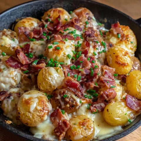 A pan of food with bacon and potatoes.