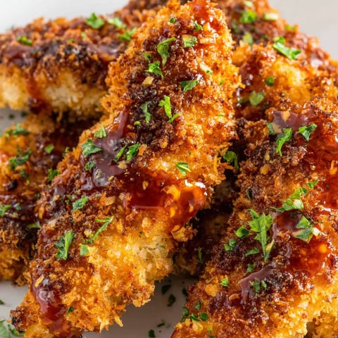 A plate of fried chicken with sauce.