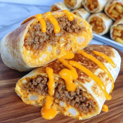 Two burritos with cheese and meat on a wooden table.