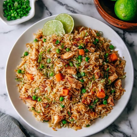 A plate of rice with chicken and peas.