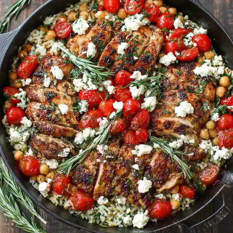 A pan of food with rice, tomatoes, chicken, and cheese.