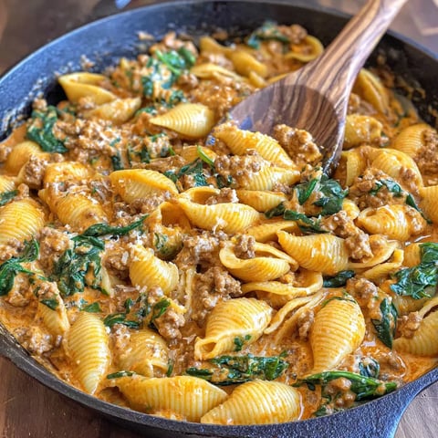 A pan of pasta with meat and greens.