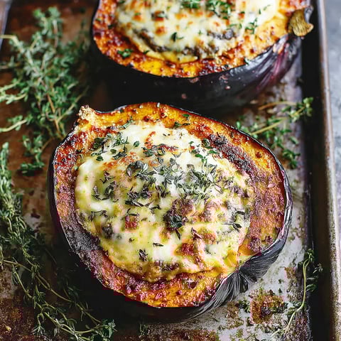 Two baked zucchini boats with cheese and herbs.