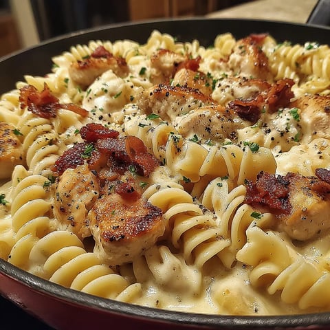 A bowl of pasta with chicken and bacon.