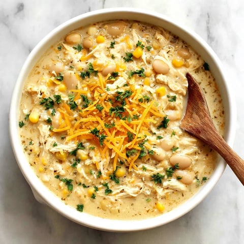 A bowl of soup with chicken and beans.