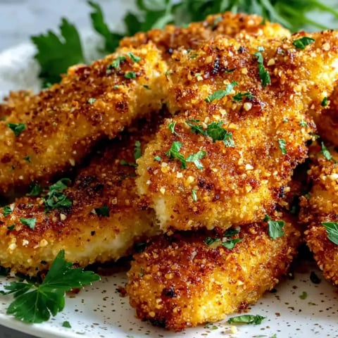 A plate of breaded chicken with herbs on top.