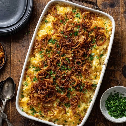 A casserole dish filled with cheesy noodles and onions.