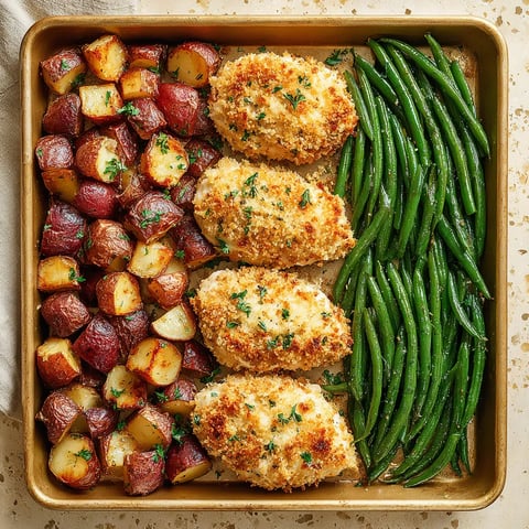 A pan of food with green beans, potatoes, and chicken.
