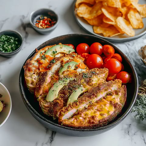 A plate of food with chicken, tomatoes, and avocado.