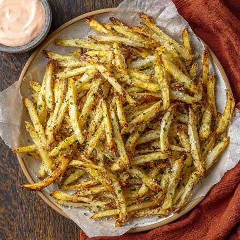 A plate of fries with a dipping sauce.