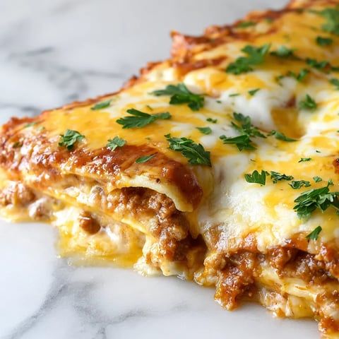 A slice of lasagna with cheese and herbs on top.